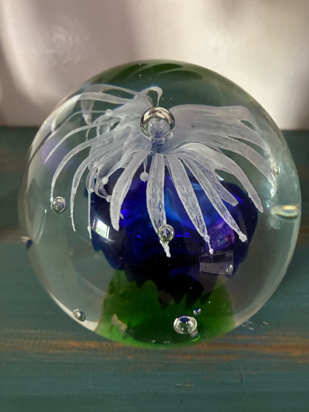Handblown Glass Flower Paperweight - Blue and Green